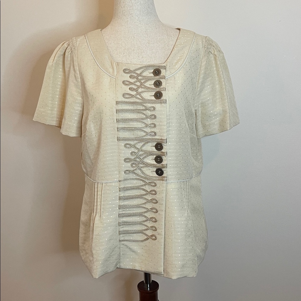 Anthropologie Floreat Cream Braided Button Short Sleeve Jacket Top Size 8 EUC
